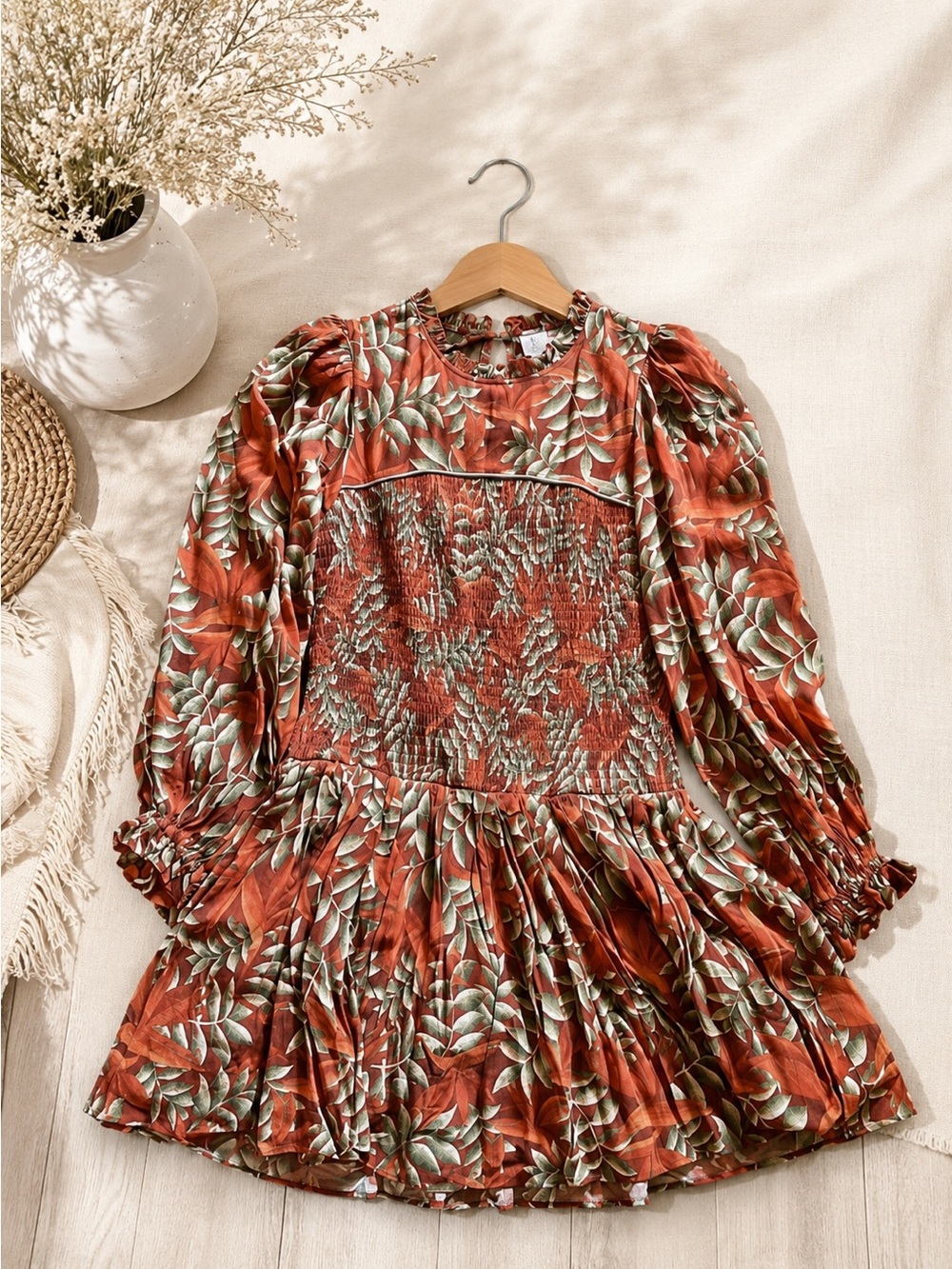 FARM Rio Orange and Cream Long-Sleeve Smocked Mini Dress